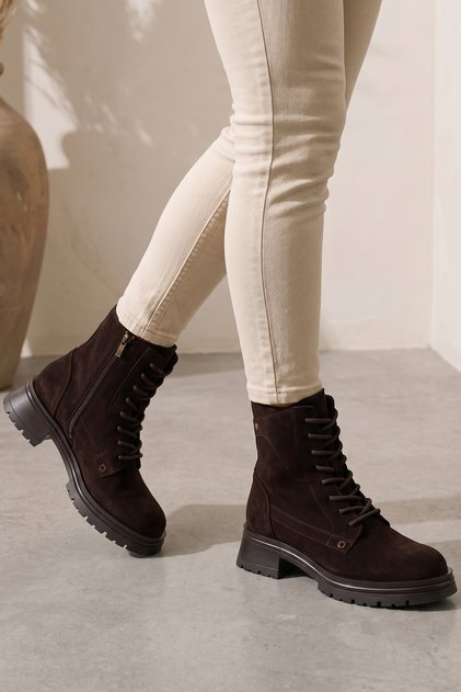 Women's Genuine Suede Lace-Up Zippered Boots Brown Thick Non-Slip Sole Orthopedic Winter Ankle Boots