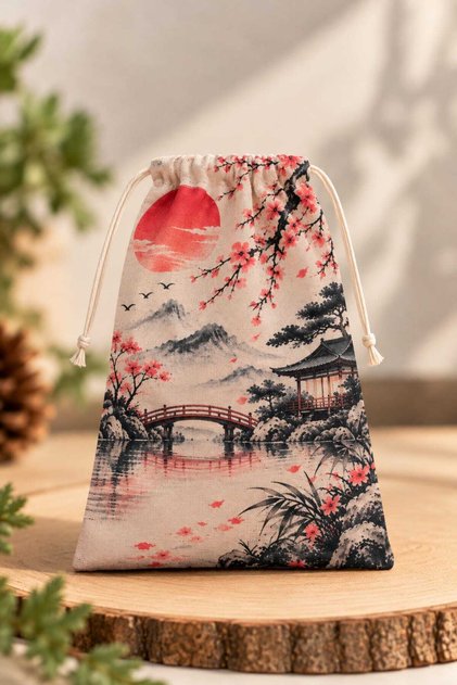 Japanese Themed Fabric Pouch 12X20 cm – Drawstring Gift Bag with Cherry Blossom and Pagoda Pattern