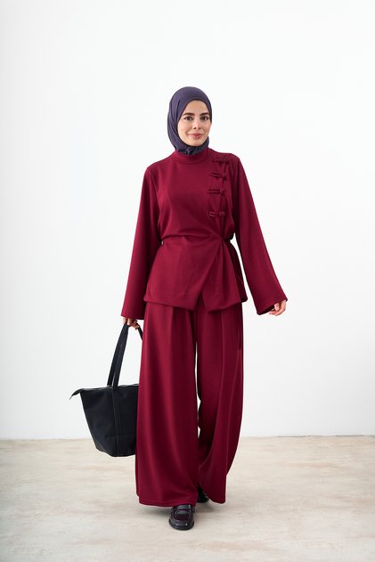 Women's Chinese Buttoned Stand Collar Suit Burgundy