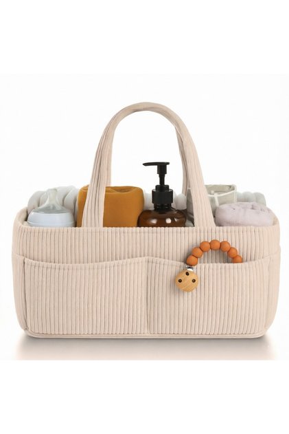 Beige Large Capacity Diaper Bag Corduroy Portable Foldable Tote Mommy Bag Nursery Caddy Basket with
