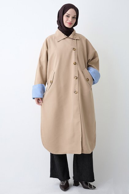 Beige Trench Coat with High Collar Lining