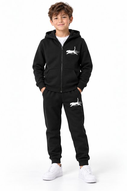 Black Zippered Children's Tracksuit Set with Runner Figure, Age 11