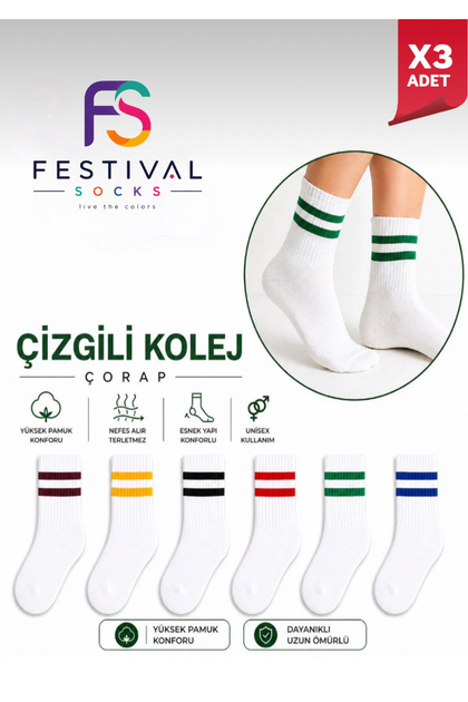 Unisex Mixed Color Striped Cotton Tennis College Socks 3 Pairs Extra Soft