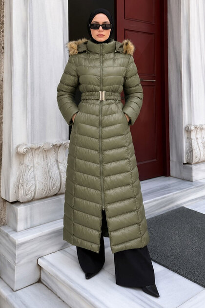 Beli Belted Hooded Long Inflatable Coat Tsd260368 Khaki
