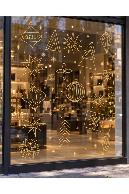 Gold Colored Geometric Christmas Patterned Glass Sticker Set 20×35 cm