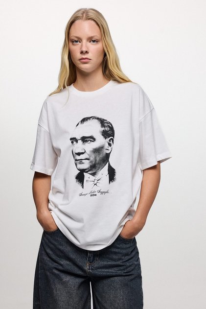 Oversize Crew Neck Ataturk Printed Short Sleeve T-Shirt J0121Ax26Wn