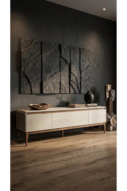 Arda Class Mobilya 180 cm TV Ünitesi Traverten Desenli MDF Gövde Gürgen Ahşap Ayaklı