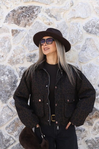 Brown Leopard Velvet Collared Denim Jacket