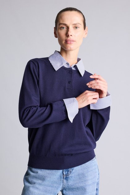 Relaxed Fit Çizgili Gömlek Detaylı Triko Kazak G6440AX26WN