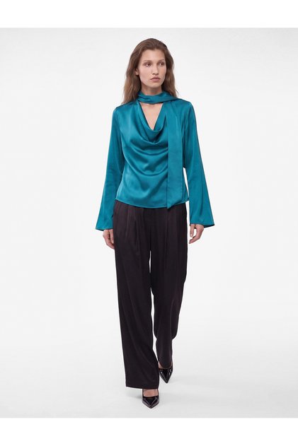 Asymmetrical Tie-Up Collar Long Sleeve Satin Blouse