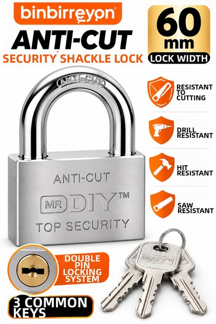 60mm Cut Resistant Steel Padlock 3 Keys Included Pd065