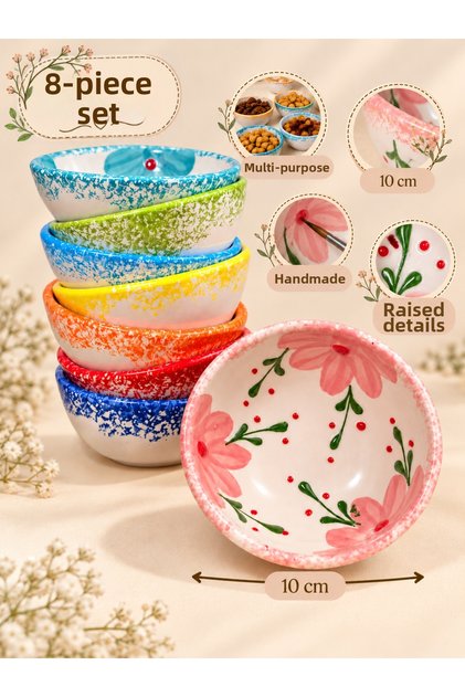 Handmade Floral Patterned Ceramic, Snack Bowl/Sauce Bowl, 8 Different Colors, Set of 8 Bowls (10cm)