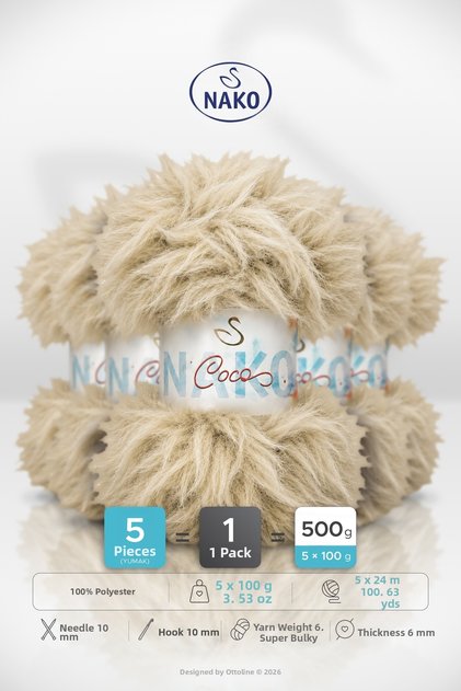 Coco • Beige(97945) • 5-Pack X 100Gr / 24m • Knitting Yarn for Sweaters, Cardigans, Scarves, Beanies, Home Decor