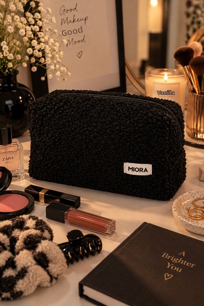 Cozy Touch Black Teddy Makeup Bag – Zippered Cosmetic Bag