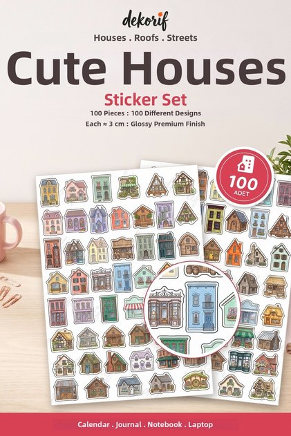 Cute Houses Sticker Set 100 Pieces - Buildings Roofs and Cottages Watercolor Agenda Journal Sticker