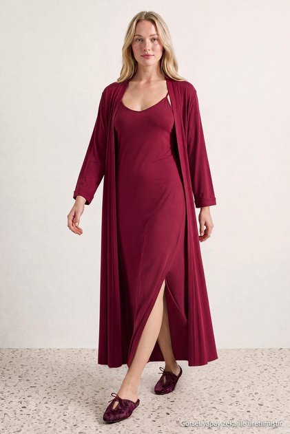Burgundy 2-Piece Dressing Gown+Nightgown Viscose Knitted Nightgown Thmaw27Gc00003