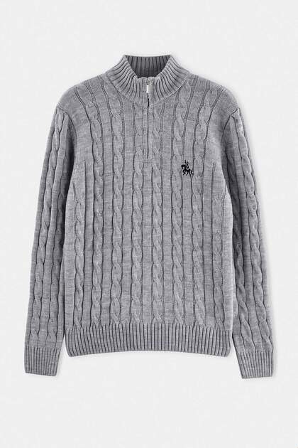 Grey Regular/Normal Cut Hair Weave Horse Embroidered Stand Collar Knitwear Sweater Tmnaw27Kz00025