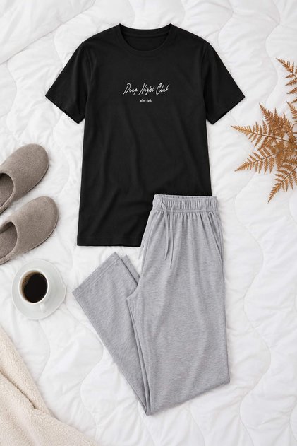 Siyah- Gri Regular Fit Slogan Baskılı Örme Pijama Takımı TMNAW27PT00015