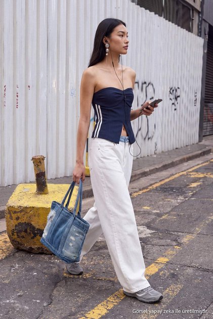 Navy Blue Woven Bustier Blouse with Side Stripe Detail Twoaw27Bz00405