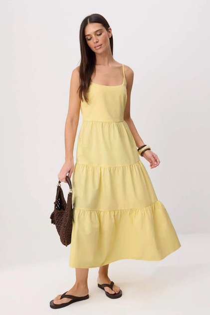 Light Yellow Straight Skirt with Flounces / Ruffles at the Waist Maxi Woven Dress Twoss24El00386
