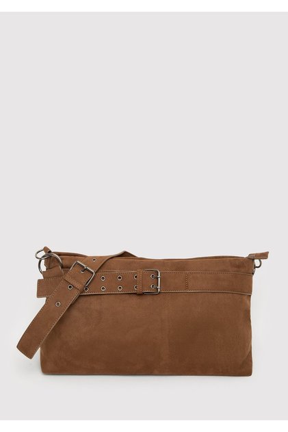 Faux Suede Shoulder Bag with Belt Detail 1913966-31542