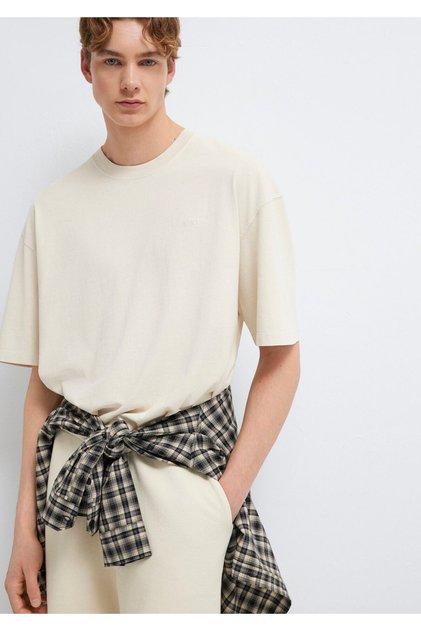 Mvjns Embroidered Beige T-Shirt Oversize / Wide Cut 0613617-70140