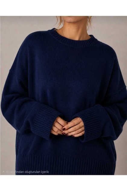 Navy Blue Crew Neck Oversize Women's Knitwear Sweater