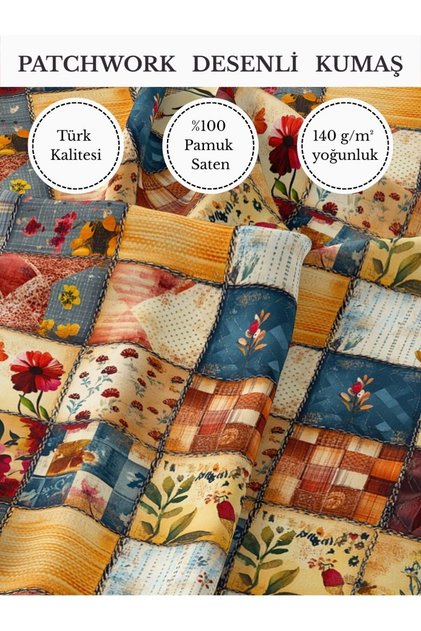 100% Cotton Satin Patchwork Fabric – 155X100 cm – Orange Blue Red Floral Square Pattern