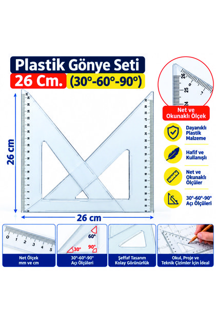 Plastik Gönye Seti 26 Cm. (30-60-90 Ve 45-45-90)