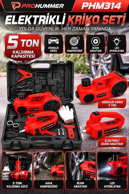 PHM314 Elektrikli Kriko Seti - 5 Ton Hidrolik Kriko + Hava Pompası + Bijon Anahtarı + LED