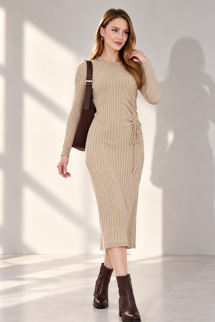Women's Camel Drawstring Knitwear Dress 29104