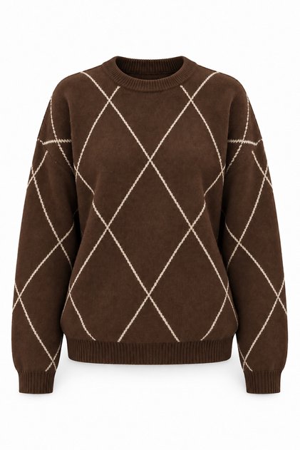 Adele Diamond Patterned Crew Neck Women's Knitwear Sweater - Brown