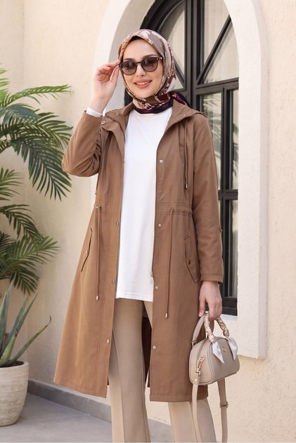 Astarı Trench cu mâneci lungi, cu șireturi, în dungi, stil Hijab - Maro