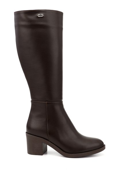 Women's Brown Zippered Thick Heeled Boots