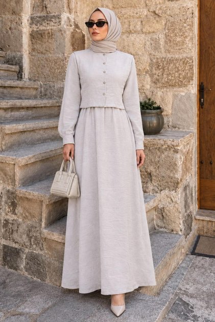 Beige Hijab Dress with Sweater Detail 7705Bej