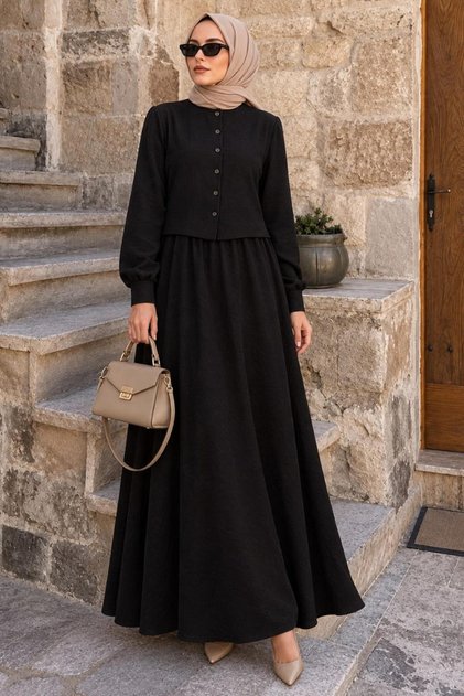 Black Hijab Dress with Sweater Detail 7705S
