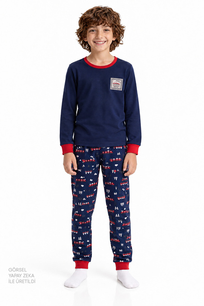 Erkek Çocuk Lacivert Follow The Train Pamuklu Uzun Kollu Pijama Takımı