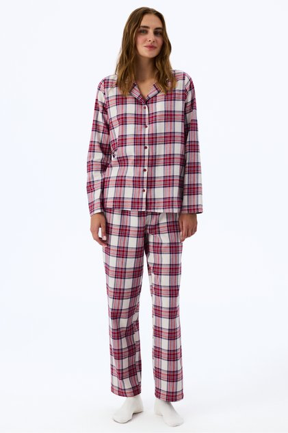 Bordo Leila Pamuklu Ekoseli Uzun Kollu Düğmeli Gömlek Pantolon Pijama Takımı