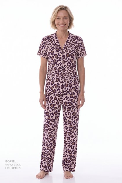 Pink Collagen Leopard Pattern Short Sleeve Buttoned Shirt Pants Pajama Set