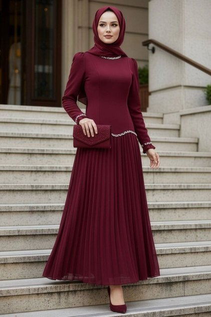 - Beaded Detailed Burgundy Hijab Evening Dress 55212Br
