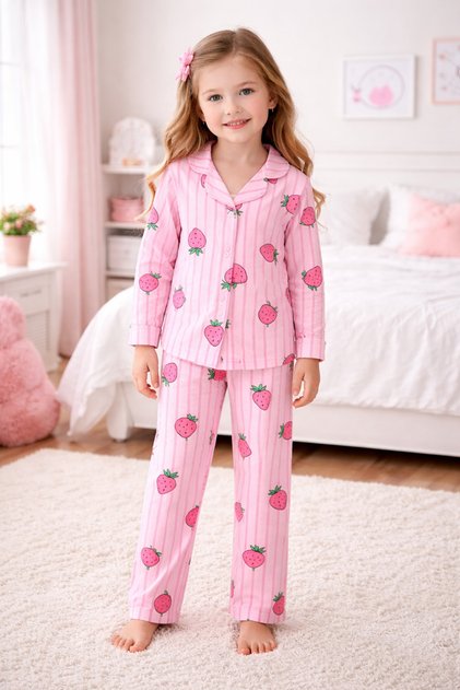 Girl's 100% Cotton Pink Strawberry Shirt Collar Pajama Set