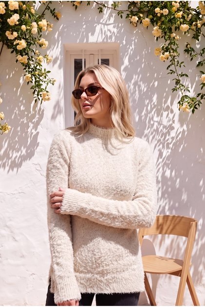 Women's beige plush faux fur trim half-zip sweater