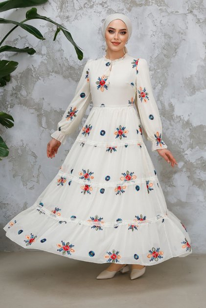 Embroidery Patterned Ecru Hijab Dress 45541E