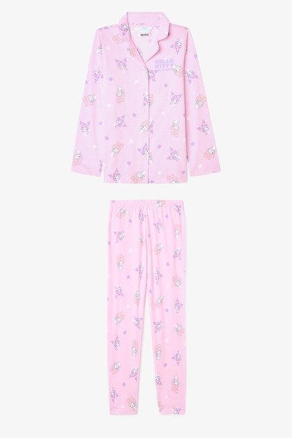 Light Pink Girls' Kuromi Friends Long Sleeve Cotton Shirt Pajama Set