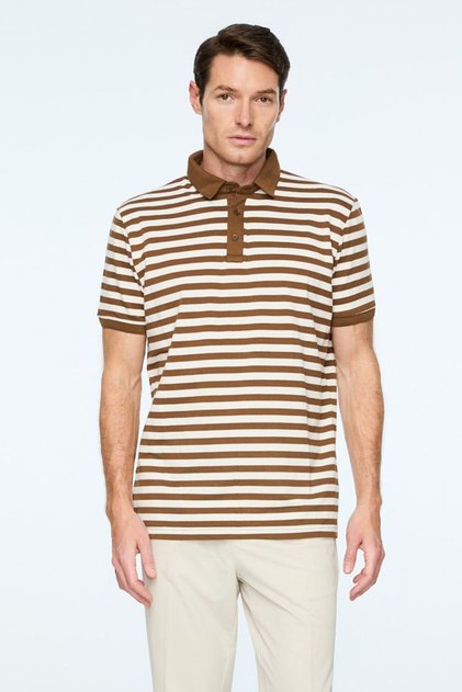 Men's Light Brown Trendy Fish Back Striped Polo Collar Dynamic Fit Tshirt