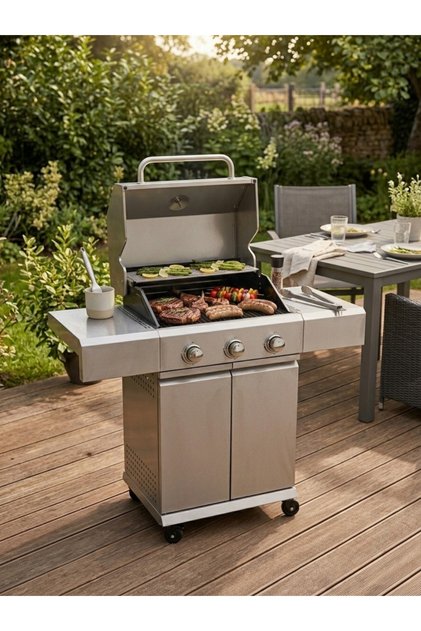 Döküm Izgaralı 3 Brülörlü Gazlı Mangal Barbekü Çelik Gövde Termometreli Kapaklı Yan Sehpalı Mangal