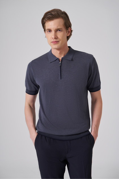 Men's Indigo Trend Zippered Polo Collar Knitwear T-Shirt