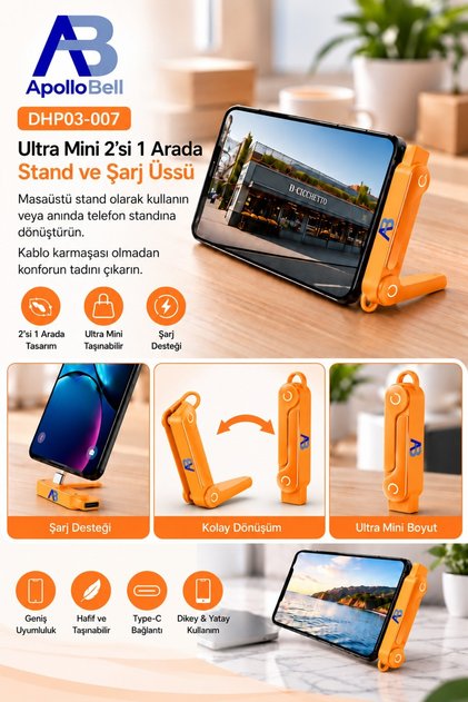 240W Hızlı Şarj Destekli Telefon Standı 360° Dönebilen USB-C Uyumlu 480Mbps Veri Aktarımı Turuncu DHP03-007