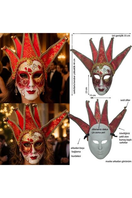 Halloween Zilli Kadife Kaplama Jester Maskesi Antik Venedik Balo Maskesi Kırmızı Renk