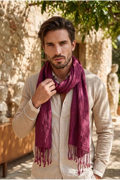 Men's Denim Wine Red Cotton Scarf